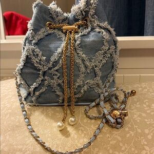 Denim Drawstring Bucket Boho Bag with Gold Chain